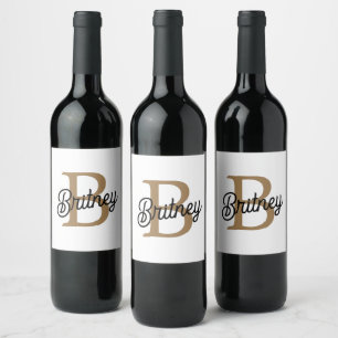 Étiquette Pour Bouteilles De Vin Monogramme moderne élégant Nom Black Gold Script