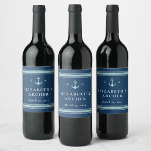 Étiquette Pour Bouteilles De Vin Monogramme nautique Mariage bleu marine