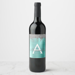 Étiquette Pour Bouteilles De Vin Monogramme Nom Métal Brossé Paillettes Turquoise A