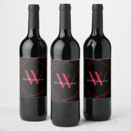 Étiquette Pour Bouteilles De Vin Monogramme Nom Script Géométrique Noir Rouge Moder