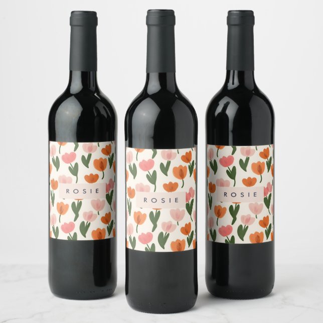 Étiquette Pour Bouteilles De Vin Monogramme Personnalisé Cute Spring Tulip Motif (Bouteilles)