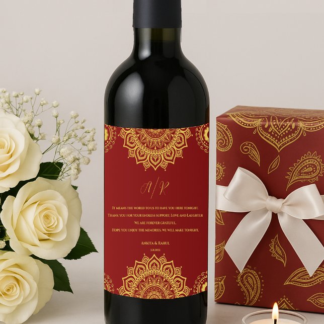 Étiquette Pour Bouteilles De Vin Monogramme Red Mandala Indian Wedding Favor (Monogram Red Mandala Indian Wedding Favor Wine Label)