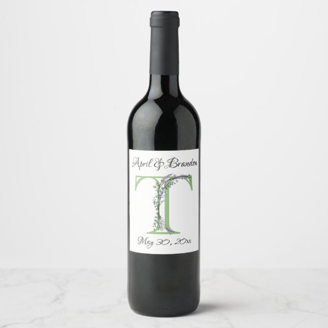 Étiquette Pour Bouteilles De Vin Monogramme T Lavande Eucalyptus (Devant)