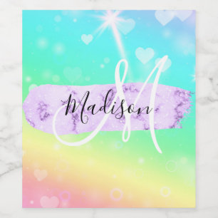 Étiquette Pour Bouteilles De Vin Monogramme Unicorn couleur Girly Rainbow Hearts