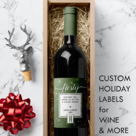 Étiquette Pour Bouteilles De Vin Monogramme vert rustique FROSTY ❄️ Vibe neigeuse