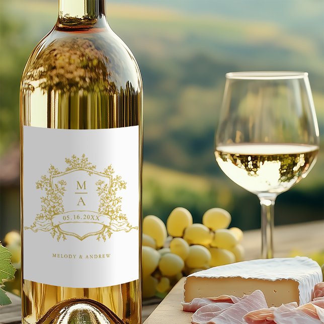 Étiquette Pour Bouteilles De Vin Monogrammes de crête Florale d'or classique Mariag (Créateur téléchargé)