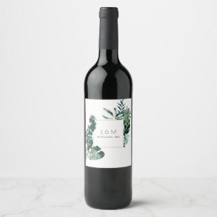 Étiquette Pour Bouteilles De Vin Monstère Tropical Green Foliage Monogramme Mariage