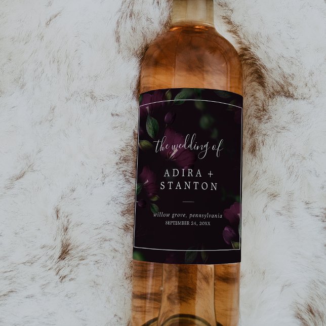 Étiquette Pour Bouteilles De Vin Moody Purple Blooms | Mariage Motif noir (Créateur téléchargé)