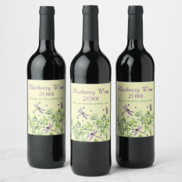 Étiquette Pour Bouteilles De Vin Motif de bleuets avec libellules