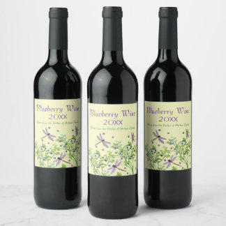 Étiquette Pour Bouteilles De Vin Motif de bleuets avec libellules
