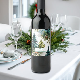 Étiquette Pour Bouteilles De Vin Motif de pin aquarelle Mariage hivernal