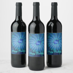 Étiquette Pour Bouteilles De Vin Motif fantaisie de fleur bleue, art fractal abstra