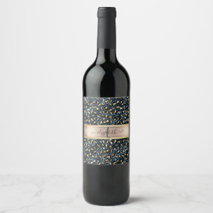 Étiquette Pour Bouteilles De Vin Motif léopard bleu or monogramme
