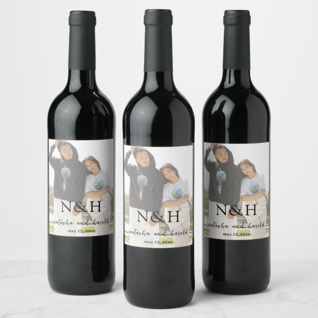 Étiquette Pour Bouteilles De Vin Natasha Photo Monogramme Mariage moderne (Bouteilles)