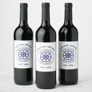 Étiquette Pour Bouteilles De Vin Navire Bleu Marine Nautique Roue Nom du bateau Voi