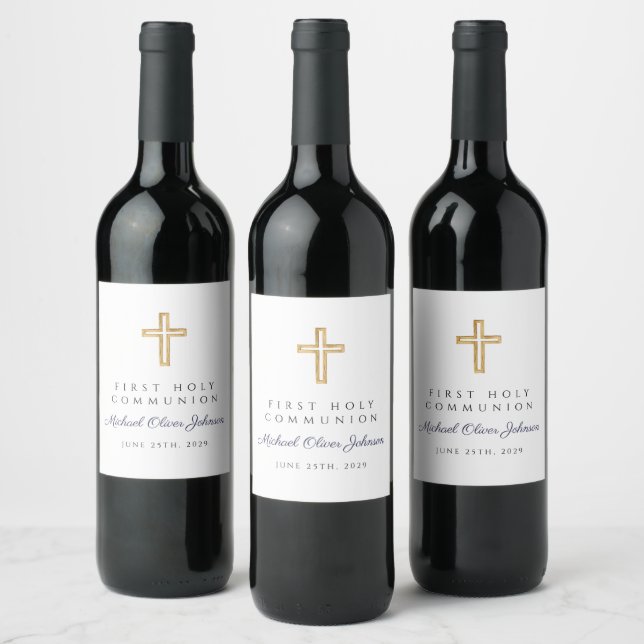 Étiquette Pour Bouteilles De Vin Navy Blue Cross Boy First Communion (Bouteilles)