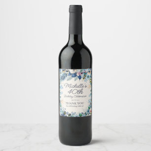 Étiquette Pour Bouteilles De Vin Navy Dusty Blue Blanc Floral 40e Anniversaire