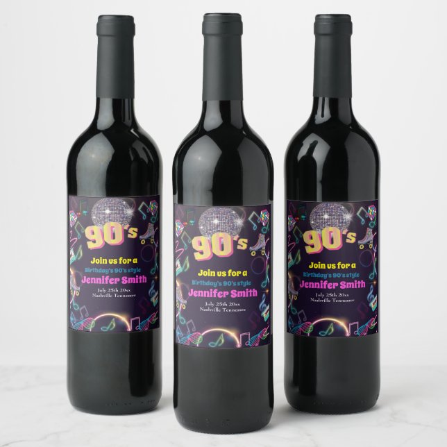 Étiquette Pour Bouteilles De Vin Neon Disco Vibes des années 90 Stytle (Bouteilles)
