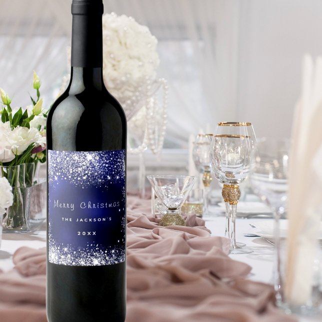 Étiquette Pour Bouteilles De Vin Noël bleu blanc parties scintillant poussière arge (Créateur téléchargé)