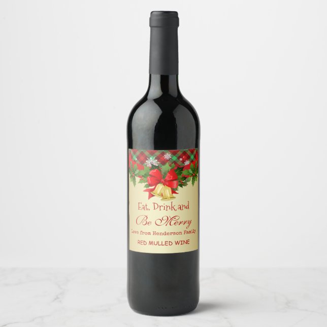 Étiquette Pour Bouteilles De Vin Noël Holly, cloches dorées et flocons de neige (Devant)