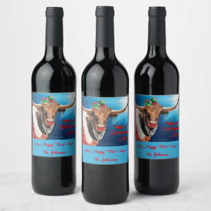 Étiquette Pour Bouteilles De Vin Noël "MOO", Longhorn Cow