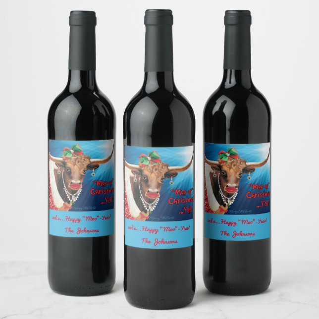 Étiquette Pour Bouteilles De Vin Noël "MOO", Longhorn Cow (Bouteilles)