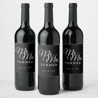 Étiquette Pour Bouteilles De Vin Noir et blanc M. et Mme Mariage
