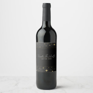Étiquette Pour Bouteilles De Vin Noir & Or Moderne Céleste Lune Étoiles Mariage