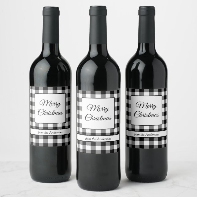Étiquette Pour Bouteilles De Vin Noir Rustique Et Blanc Plaid Joyeux Noël (Bouteilles)