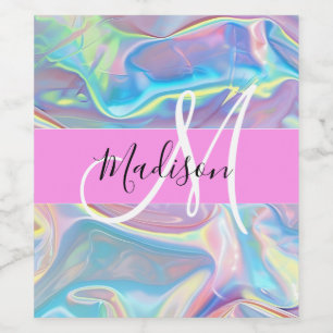 Étiquette Pour Bouteilles De Vin Nom de monogramme holographique iridescent rose fé