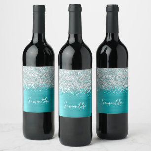 Étiquette Pour Bouteilles De Vin Nom de script glamour bleu turquoise argent paille