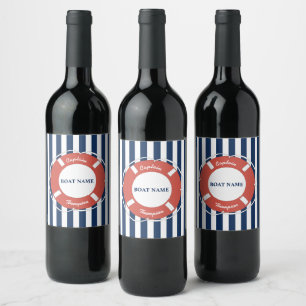 Étiquette Pour Bouteilles De Vin Nom du capitaine Nautical Blue Strited Nom du bate