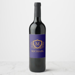 Étiquette Pour Bouteilles De Vin Nom du monogramme personnalisé bleu et or de la ma