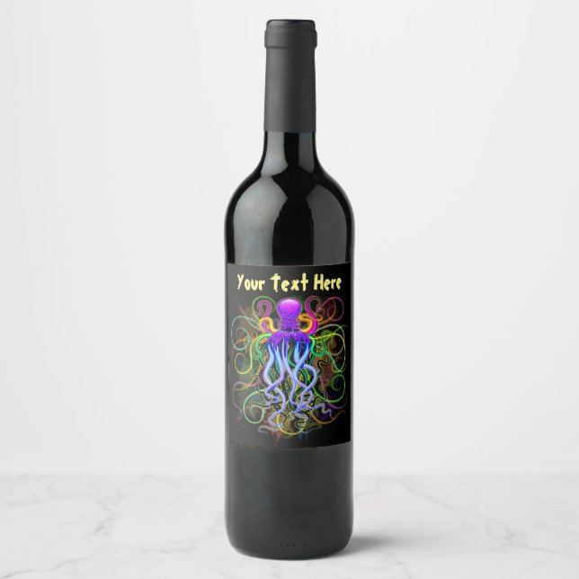Étiquette Pour Bouteilles De Vin Octopus Luminescence psychédélique (Devant)