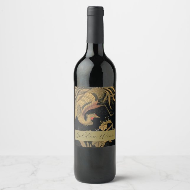 Étiquette Pour Bouteilles De Vin Oiseau de coq d'or Classique japonais Antique (Devant)