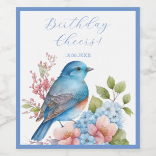 Étiquette Pour Bouteilles De Vin Oiseau et fleurs bleu romantique