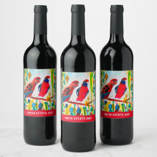 Étiquette Pour Bouteilles De Vin Oiseaux de Rosella dans l'art de l'aquarelle des a