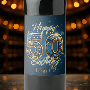 Étiquette Pour Bouteilles De Vin Opulent Chic Gold et Blue Gemstone 50e anniversair