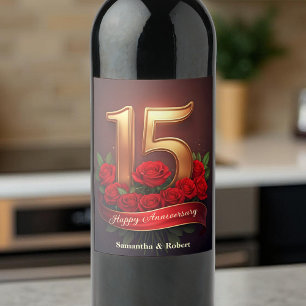 Étiquette Pour Bouteilles De Vin Opulent Roses rouges Gold 15e anniversaire Mariage
