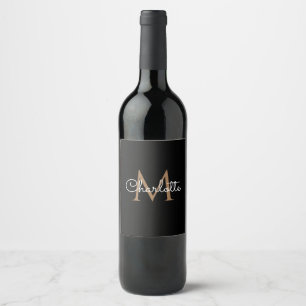 Étiquette Pour Bouteilles De Vin Or noir Monogramme Élégant Écriture Féminine