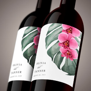 Étiquette Pour Bouteilles De Vin Orchidées roses chaudes sur Monstera Mariage tropi