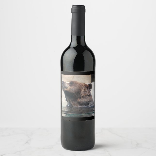 Étiquette Pour Bouteilles De Vin Ours Grizzly Jouant dans l'Eau (Devant)