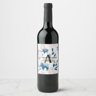 Étiquette Pour Bouteilles De Vin Paisley Elephants Pastel Blue Rose Monogramme Pers