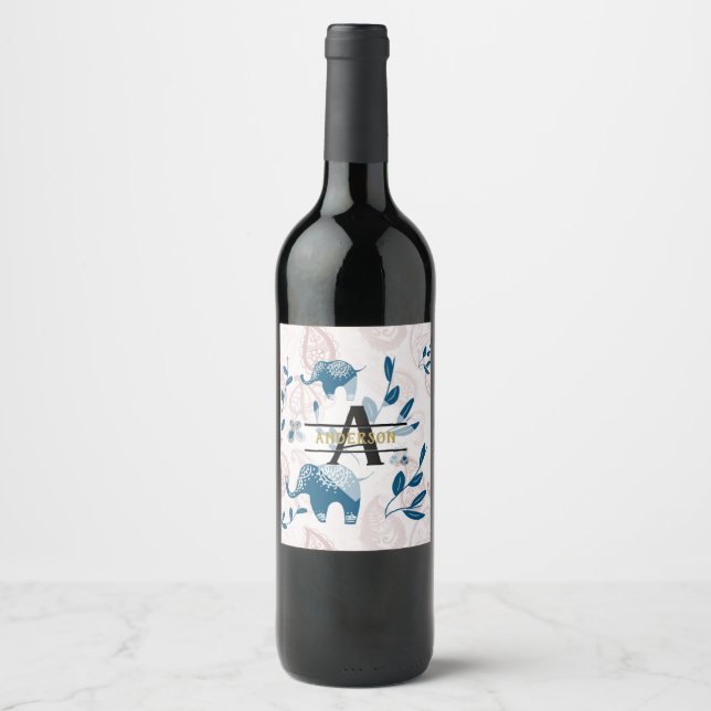 Étiquette Pour Bouteilles De Vin Paisley Elephants Pastel Blue Rose Monogramme Pers (Devant)