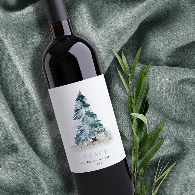 Étiquette Pour Bouteilles De Vin Paix Neige Aquarelle Pine Noël Arbre Cadeaux (Créateur téléchargé)