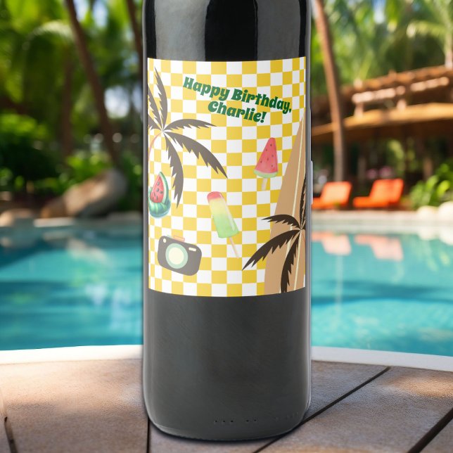 Étiquette Pour Bouteilles De Vin Palm Trees Surf À damiers Fête d'été (Créateur téléchargé)