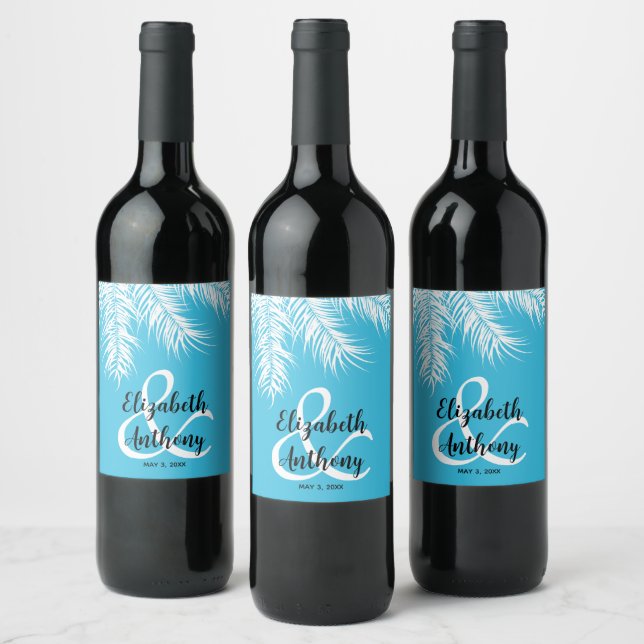 Étiquette Pour Bouteilles De Vin Palmes sur Mariage bleu (Bouteilles)