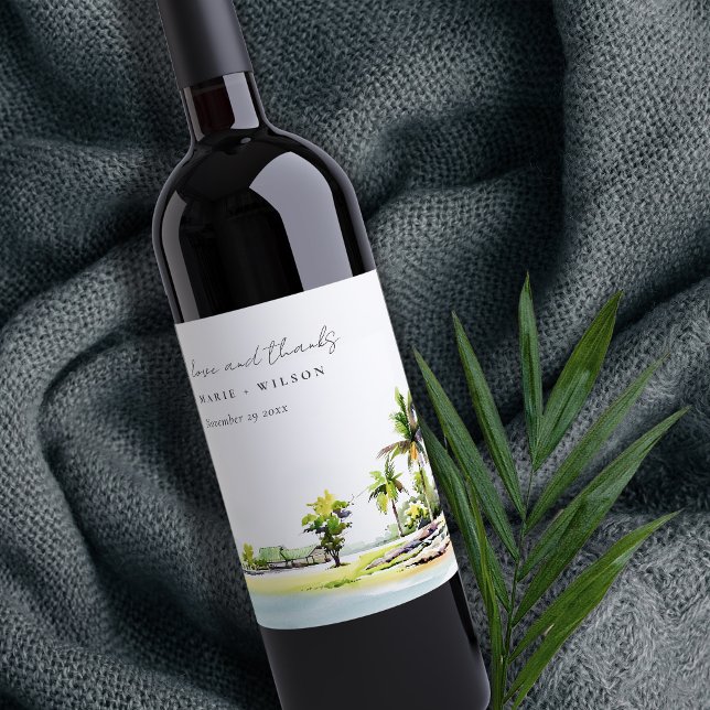 Étiquette Pour Bouteilles De Vin Palmiers côtiers tropicaux Mariage d'aquarelle (Créateur téléchargé)