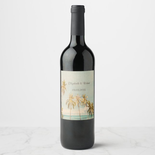 Étiquette Pour Bouteilles De Vin Palmiers de plage Retro (Devant)