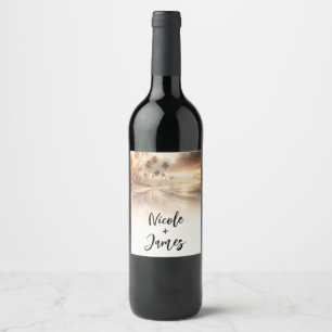 Étiquette Pour Bouteilles De Vin Palmiers et coucher de soleil orange sur la plage